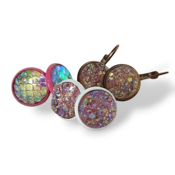 Jewelry - Pink Druzy Stud Earring Set Mermaid Iridescent Metallic Purple Glitter Dopamine